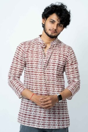 MAROON FISH BLOCK PRINT MENS SHORT KURTA - Image 5