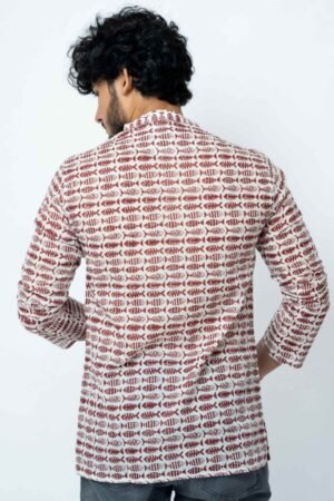 MAROON FISH BLOCK PRINT MENS SHORT KURTA - Image 6