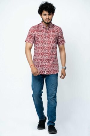 MAROON IKAT PRINT REGULAR FIT COTTON SHIRT