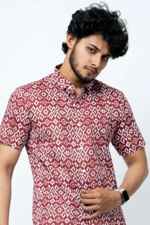 MAROON IKAT PRINT REGULAR FIT COTTON SHIRT - Image 3