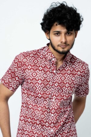 MAROON IKAT PRINT REGULAR FIT COTTON SHIRT - Image 5