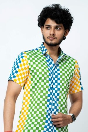 MULTI COLOUR BLOCK PRINT MENS CHECKS SHIRT - Image 3