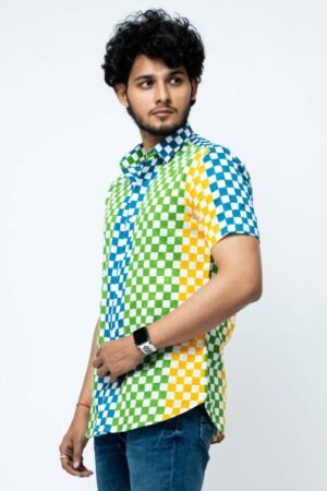 MULTI COLOUR BLOCK PRINT MENS CHECKS SHIRT - Image 4