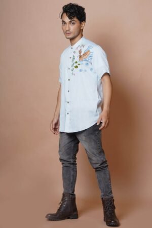 POWDER BLUE DEER HAND EMBROIDERED MENS HALF SLEEVE SHIRT - Image 3