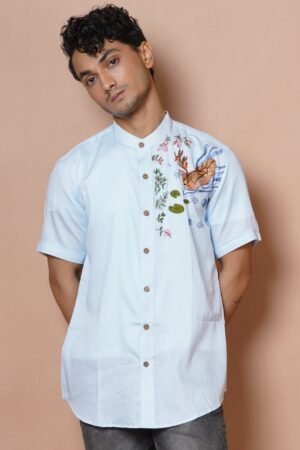 POWDER BLUE DEER HAND EMBROIDERED MENS HALF SLEEVE SHIRT - Image 4