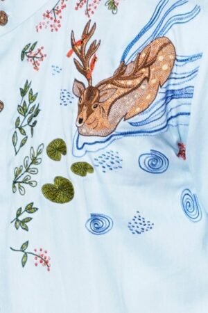 POWDER BLUE DEER HAND EMBROIDERED MENS HALF SLEEVE SHIRT - Image 2
