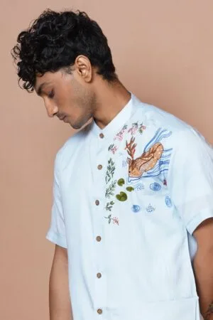 POWDER BLUE DEER HAND EMBROIDERED MENS HALF SLEEVE SHIRT