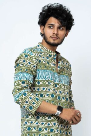 PEACH BLUE FLORAL BLOCK PRINT COTTON KURTA - Image 2