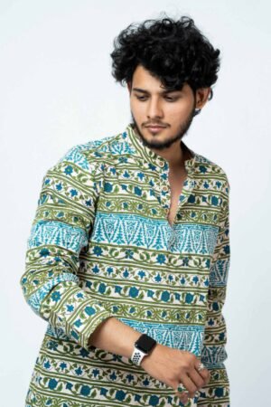 PEACH BLUE FLORAL BLOCK PRINT COTTON KURTA - Image 4