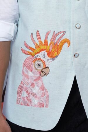 Powder Blue Embroidered Blue Cockatoo Nehru Coat - Image 3