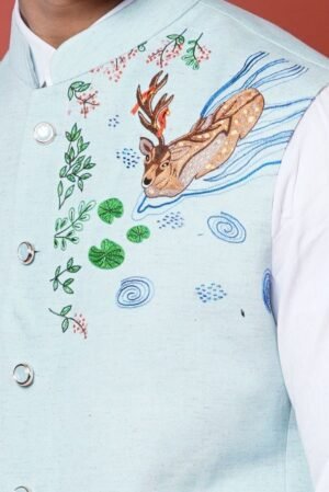 Mens Nehru Coat with Deer Hand Embroidery - Image 3