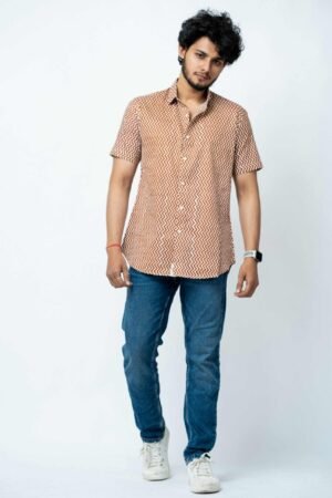 RUST COLOR ZIGZAG PRINT MENS CASUAL SHIRT