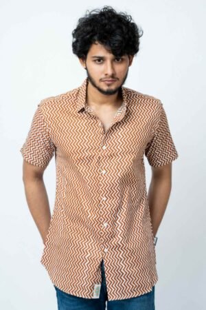RUST COLOR ZIGZAG PRINT MENS CASUAL SHIRT - Image 5