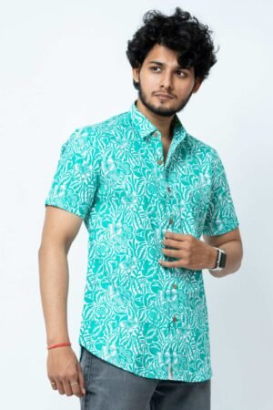 SLIM FIT COTTON SHIRT IN GREEN FLORAL PRINT - Image 3