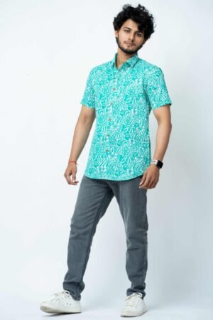 SLIM FIT COTTON SHIRT IN GREEN FLORAL PRINT - Image 4