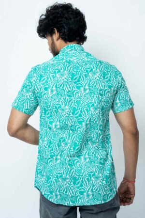 SLIM FIT COTTON SHIRT IN GREEN FLORAL PRINT - Image 5
