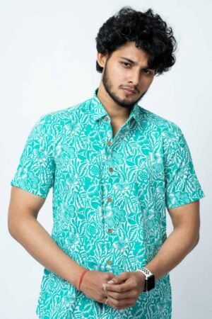 SLIM FIT COTTON SHIRT IN GREEN FLORAL PRINT - Image 6