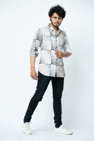 WHITE  GREY  DOTS PATCH WORK SLIM FIT FULL SHIRT - Image 6