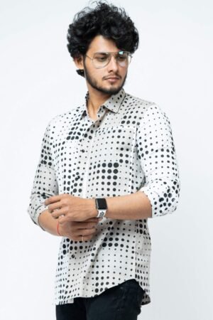 WHITE  GREY  DOTS PATCH WORK SLIM FIT FULL SHIRT - Image 7