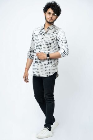 WHITE  GREY  DOTS PATCH WORK SLIM FIT FULL SHIRT - Image 2