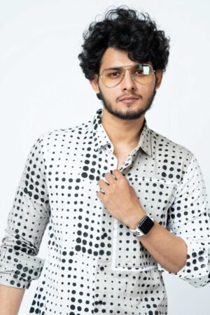 WHITE  GREY  DOTS PATCH WORK SLIM FIT FULL SHIRT - Image 3