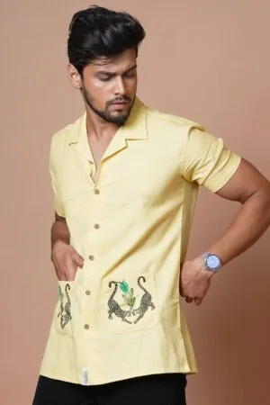 YELLOW CHEETAH EMBROIDERED HALF SLEEVES  CASUAL MENS SHIRT