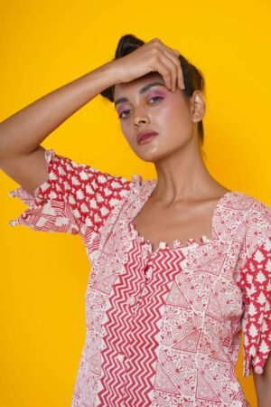 Block Print Co-ord Set in Red and Beige - Image 5