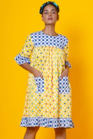 Blue and Yellow Block Print Women dress in polka Hearts