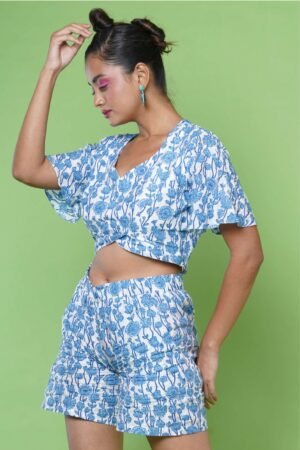 Blue Floral Block Print Top and Shorts