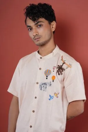 CIRCUS ART HAND EMBROIDERY MENS HALF SLEEVE SHIRT