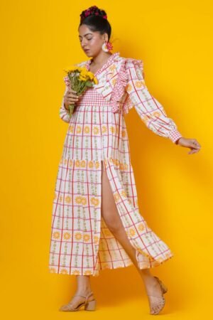 Checks and floral block print maxi dress