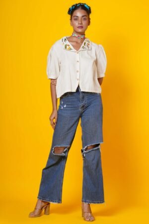 Cream Colour Blouse with Collar Embroidery work