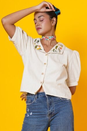 Cream Colour Blouse with Collar Embroidery work - Image 2