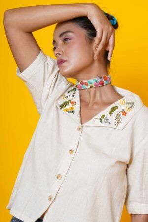 Cream Colour Blouse with Collar Embroidery work - Image 5