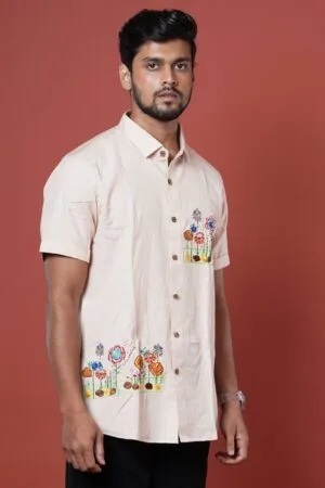 FLORAL PATCH WORK WITH HAND EMBROIDERED MENS HALF CASUAL SHIRT