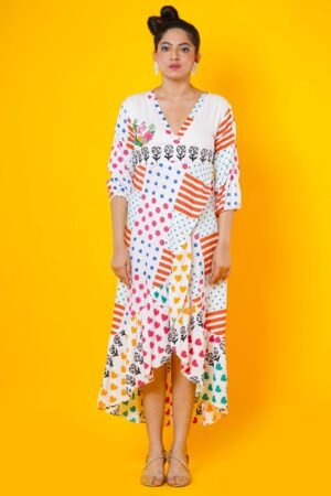 Flamingo Embroidered Block Printed Cotton Maxi Dress