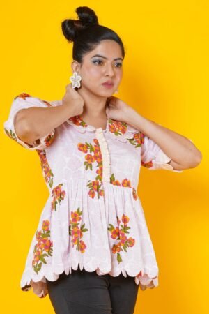Floral Block Print Cotton Peplum Top - Image 2
