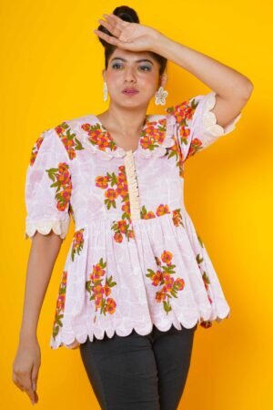 Floral Block Print Cotton Peplum Top - Image 5