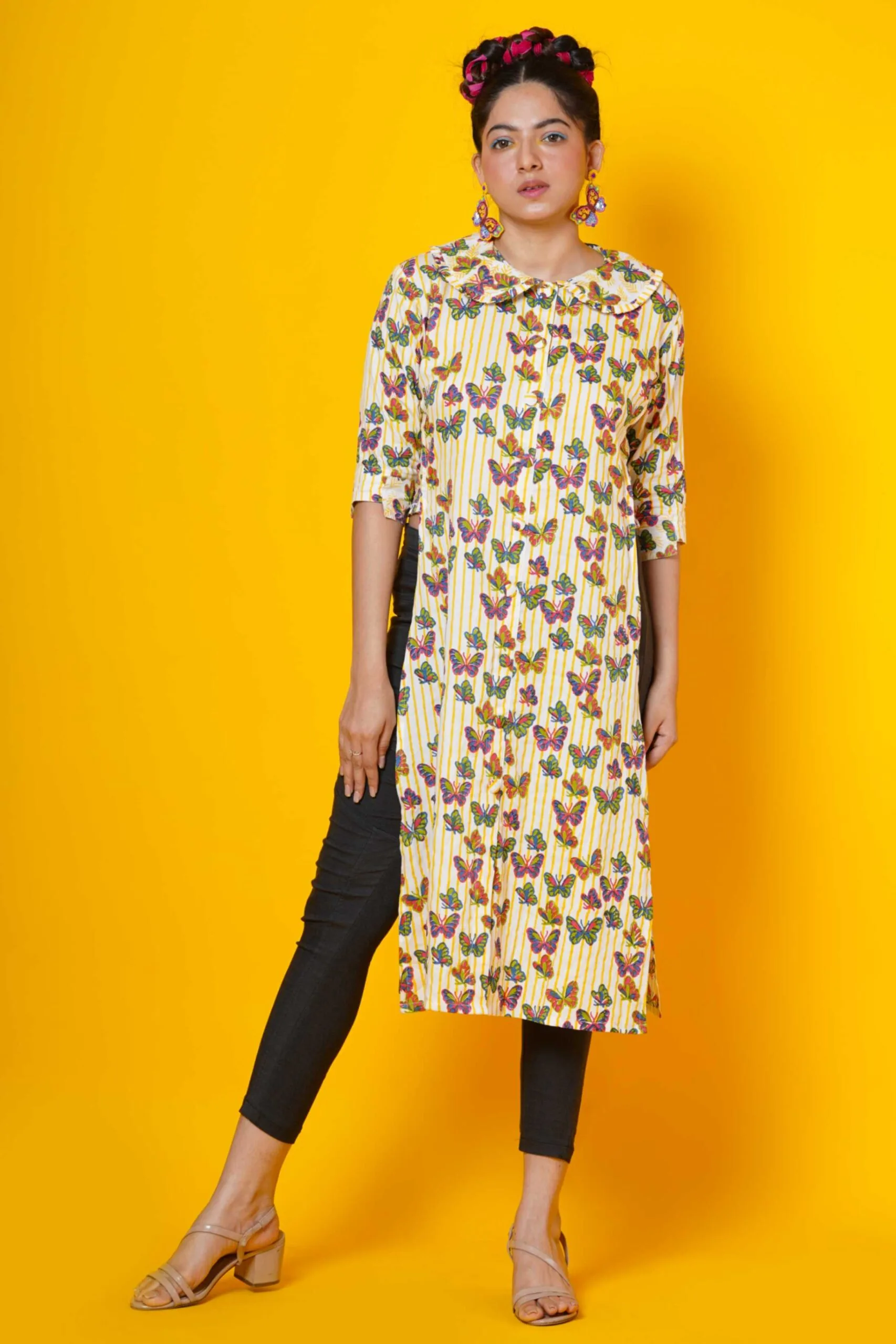 Hand Block Print Kurti in butterfly stripes - Image 2