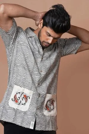 KOI FISH EMBROIDERED MENS CASUAL SHIRT