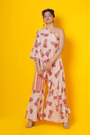 One Shoulder Block Print Top with Sharara Pant