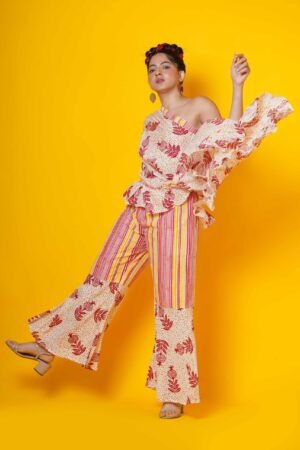 One Shoulder Block Print Top with Sharara Pant - Image 2