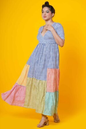 Women Block Print Cotton Maxi Dress in Multicolour Checks