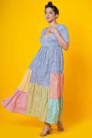 Women Block Print Cotton Maxi Dress in Multicolour Checks