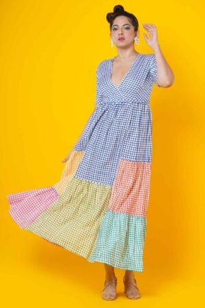 Women Block Print Cotton Maxi Dress in Multicolour Checks - Image 4