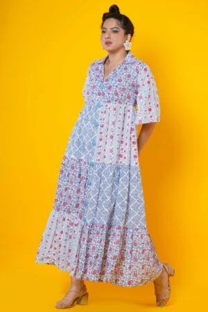 Women Block Print Blue Kalamkari Dress