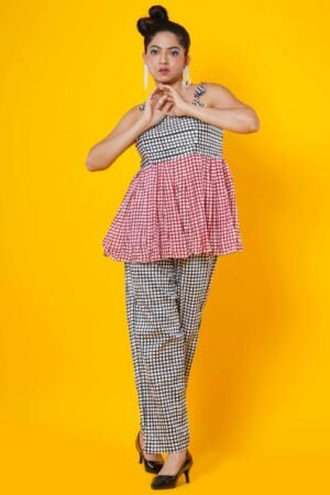 Women Block Print Co-ords Set in Red and Black Checks - Image 3