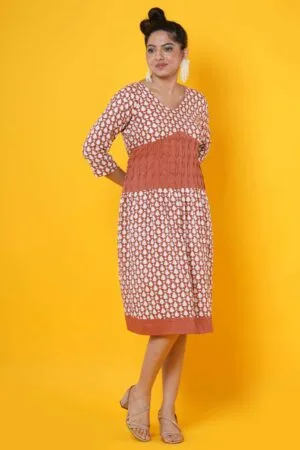 Women Block Printed Cotton Midi Dress in Rust with Pintucks Detailing