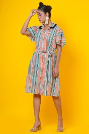 Women Block Print Cotton Midi Dress in Stripes