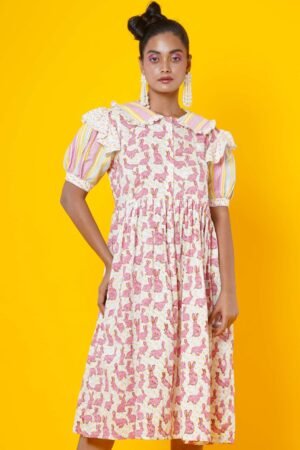 Women Block Printed Cotton Midi Dress With Stripes and Rabbit - Image 6